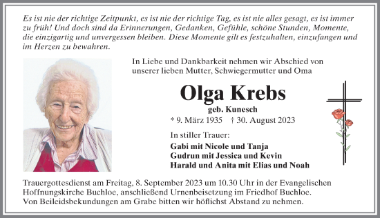 Traueranzeige von Olga Krebs von Allgäuer Zeitung, Kaufbeuren/Buchloe