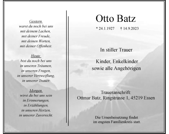 Traueranzeige von Otto Batz von Allgäuer Zeitung, Füssen