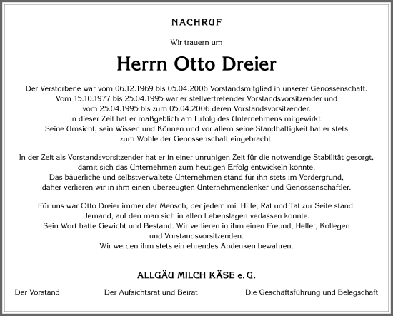 Traueranzeige von Otto Dreier von Memminger Zeitung