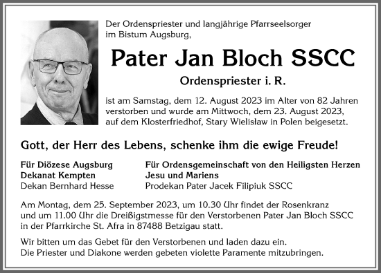 Traueranzeige von Pater Jan Bloch von Allgäuer Zeitung,Kempten