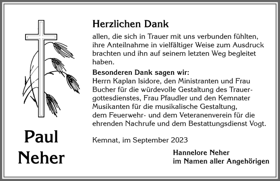 Traueranzeige von Paul Neher von Allgäuer Zeitung, Kaufbeuren/Buchloe