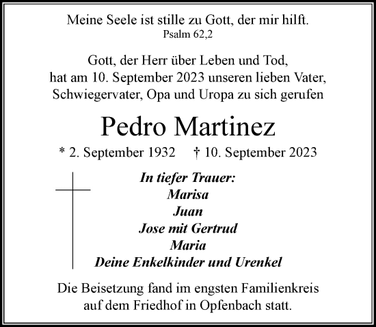 Traueranzeige von Pedro Martinez von Der Westallgäuer