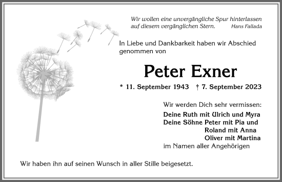 Traueranzeige von Peter Exner von Allgäuer Anzeigeblatt
