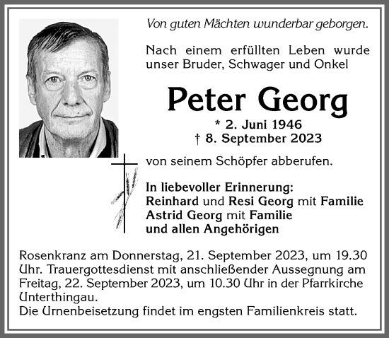 Traueranzeige von Peter Georg von Allgäuer Zeitung, Marktoberdorf