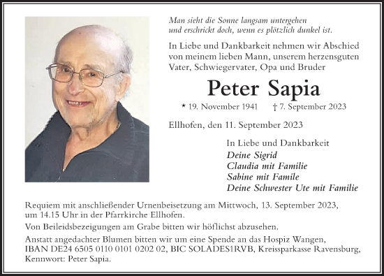 Traueranzeige von Peter Sapia von Der Westallgäuer