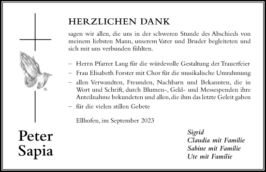 Traueranzeige von Peter Sapia von Der Westallgäuer