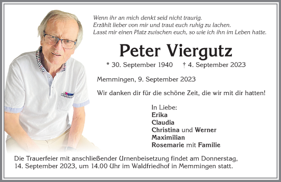 Traueranzeige von Peter Viergutz von Memminger Zeitung