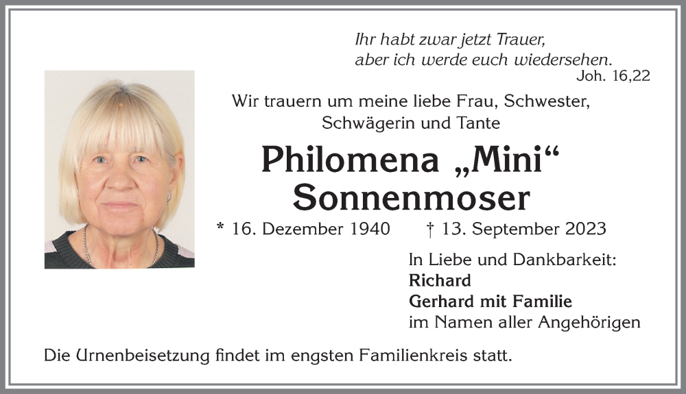  Traueranzeige für Philomena Sonnenmoser vom 16.09.2023 aus Allgäuer Zeitung,Kempten