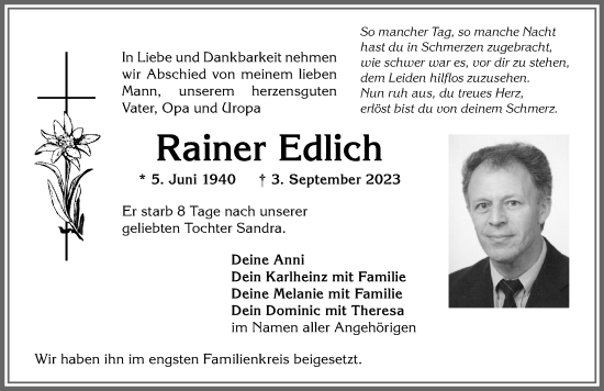 Traueranzeige von Rainer Edlich von Allgäuer Anzeigeblatt