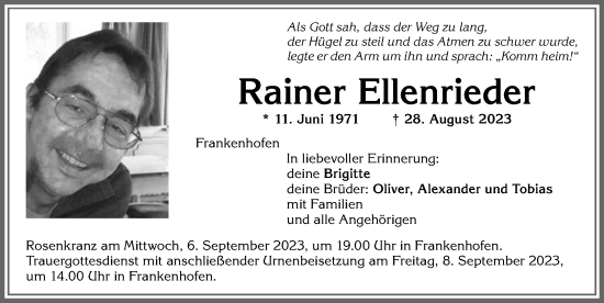 Traueranzeige von Rainer Ellenrieder von Allgäuer Zeitung, Kaufbeuren/Buchloe