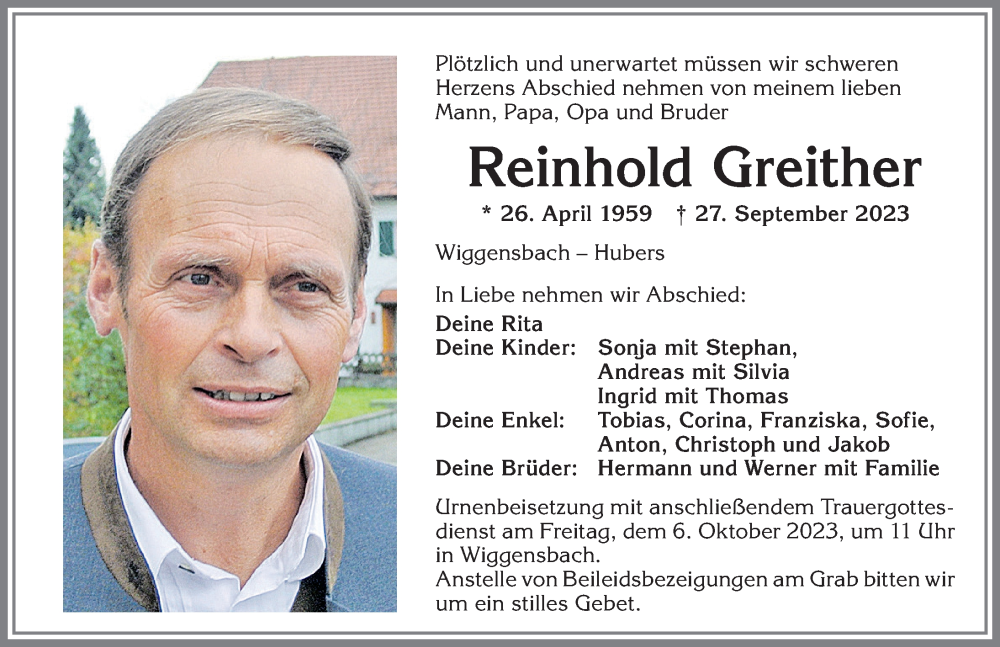  Traueranzeige für Reinhold Greither vom 30.09.2023 aus Allgäuer Zeitung,Kempten