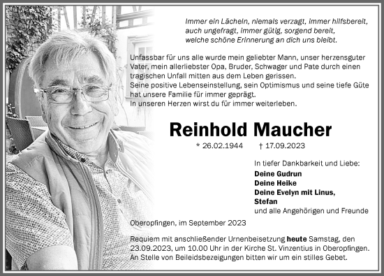 Traueranzeige von Reinhold Maucher von Memminger Zeitung