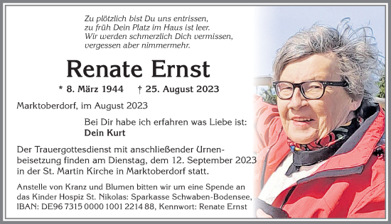 Traueranzeige von Renate Ernst von Allgäuer Zeitung, Marktoberdorf