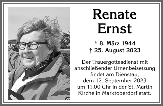 Traueranzeige von Renate Ernst von Allgäuer Zeitung, Marktoberdorf