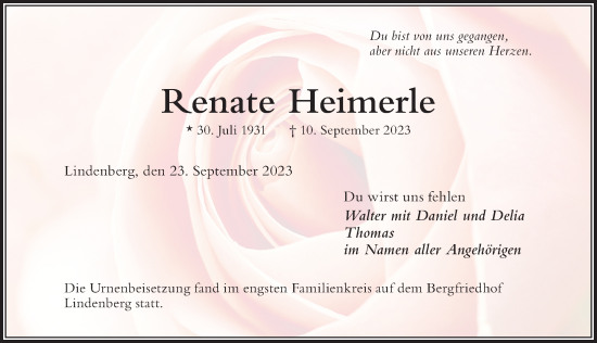 Traueranzeige von Renate Heimerle von Der Westallgäuer