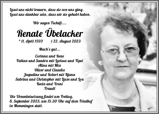 Traueranzeige von Renate Übelacker von Memminger Zeitung