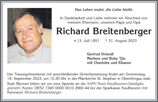 Traueranzeige von Richard Breitenberger von Allgäuer Zeitung, Marktoberdorf