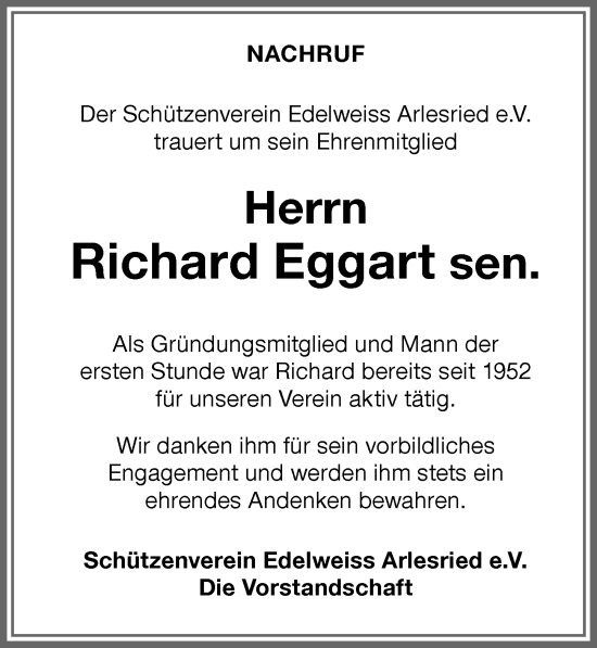 Traueranzeige von Richard Eggart von Memminger Zeitung