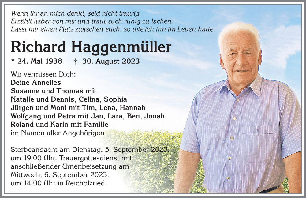  Traueranzeige für Richard Haggenmüller vom 02.09.2023 aus Allgäuer Zeitung,Kempten