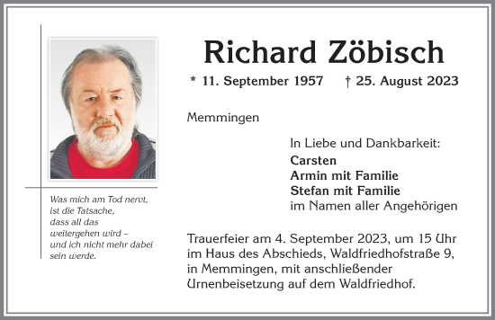 Traueranzeige von Richard Zöbisch von Memminger Zeitung