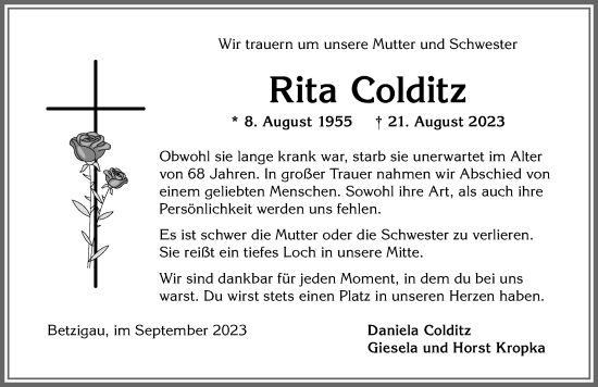 Traueranzeige von Rita Colditz von Allgäuer Zeitung,Kempten