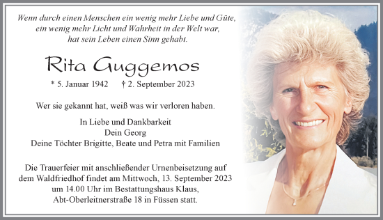 Traueranzeige von Rita Guggemos von Allgäuer Zeitung,Kempten