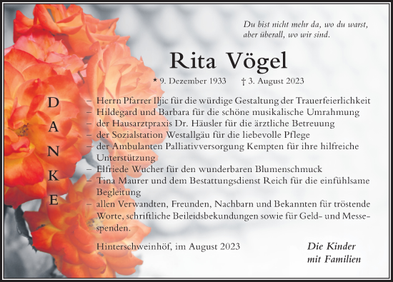 Traueranzeige von Rita Vögel von Der Westallgäuer