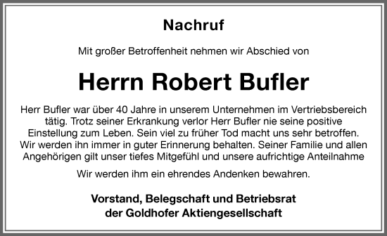 Traueranzeige von Robert Bufler von Memminger Zeitung