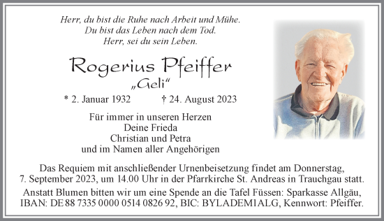 Traueranzeige von Rogerius Pfeiffer von Allgäuer Zeitung, Füssen