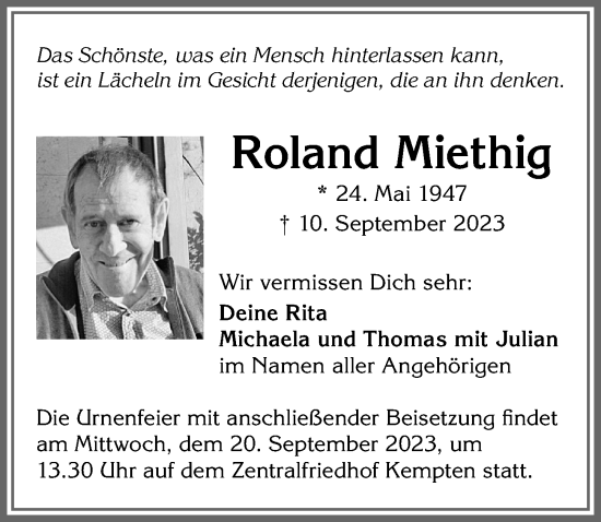 Traueranzeige von Roland Miethig von Allgäuer Zeitung,Kempten