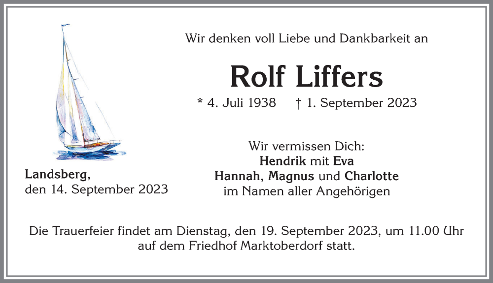  Traueranzeige für Rolf Liffers vom 14.09.2023 aus Allgäuer Zeitung, Marktoberdorf