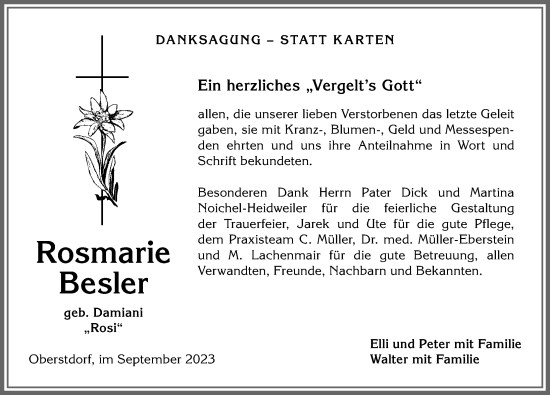 Traueranzeige von Rosmarie Besler von Allgäuer Anzeigeblatt