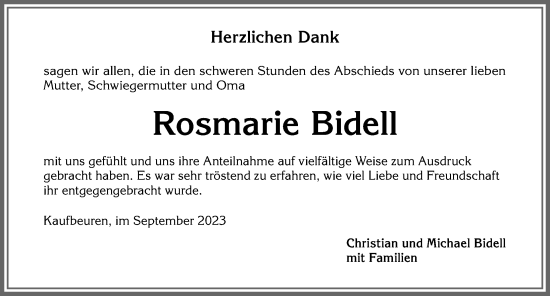 Traueranzeige von Rosmarie Bidell von Allgäuer Zeitung, Kaufbeuren/Buchloe