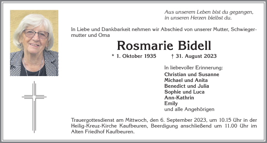 Traueranzeige von Rosmarie Bidell von Allgäuer Zeitung, Kaufbeuren/Buchloe