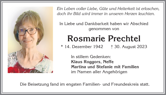 Traueranzeige von Rosmarie Prechtel von Allgäuer Zeitung,Kempten