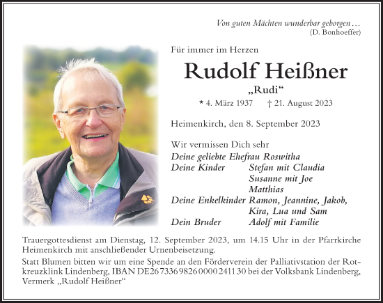 Traueranzeige von Rudolf Heißner von Der Westallgäuer