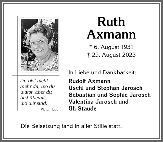 Traueranzeige von Ruth Axmann von Allgäuer Zeitung,Kempten