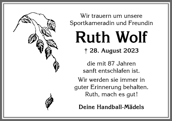 Traueranzeige von Ruth Wolf von Allgäuer Zeitung, Kaufbeuren/Buchloe