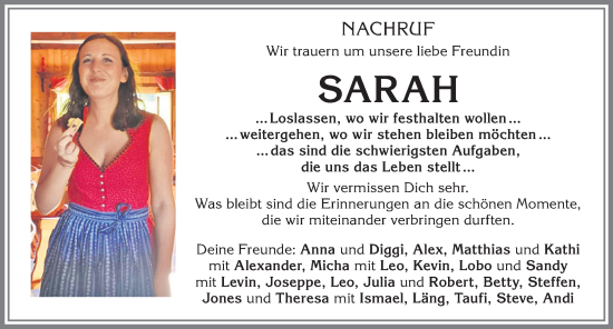 Traueranzeige von Sarah  von Allgäuer Zeitung, Kaufbeuren/Buchloe