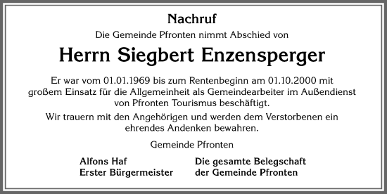 Traueranzeige von Siegbert Enzensperger von Allgäuer Zeitung, Füssen