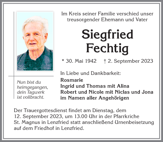Traueranzeige von Siegfried Fechtig von Allgäuer Zeitung,Kempten