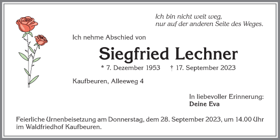 Traueranzeige von Siegfried Lechner von Allgäuer Zeitung, Kaufbeuren/Buchloe
