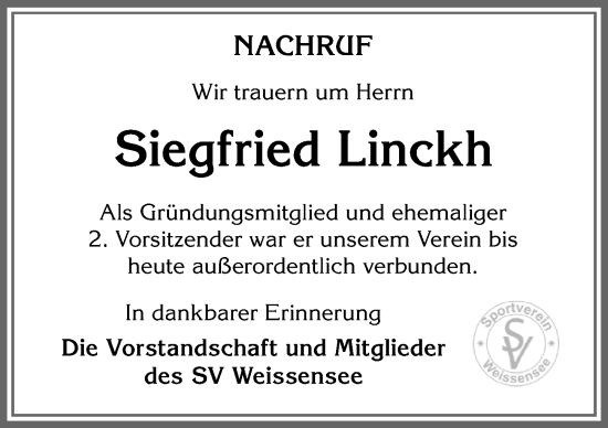 Traueranzeige von Siegfried Linckh von Allgäuer Zeitung, Füssen