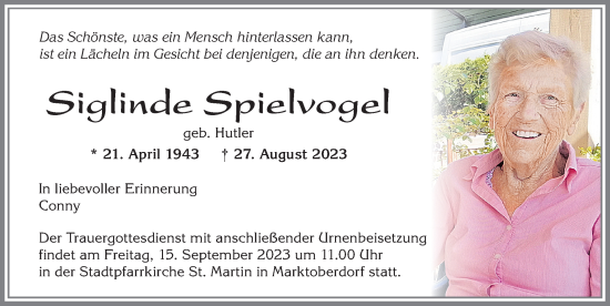 Traueranzeige von Siglinde Spielvogel von Allgäuer Zeitung, Marktoberdorf