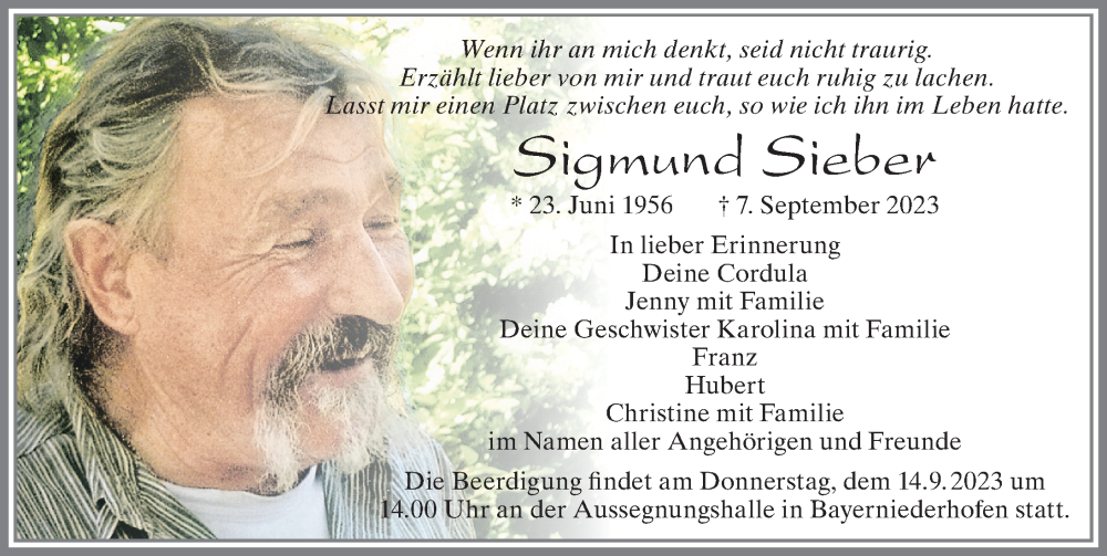  Traueranzeige für Sigmund Sieber vom 13.09.2023 aus Allgäuer Zeitung, Füssen