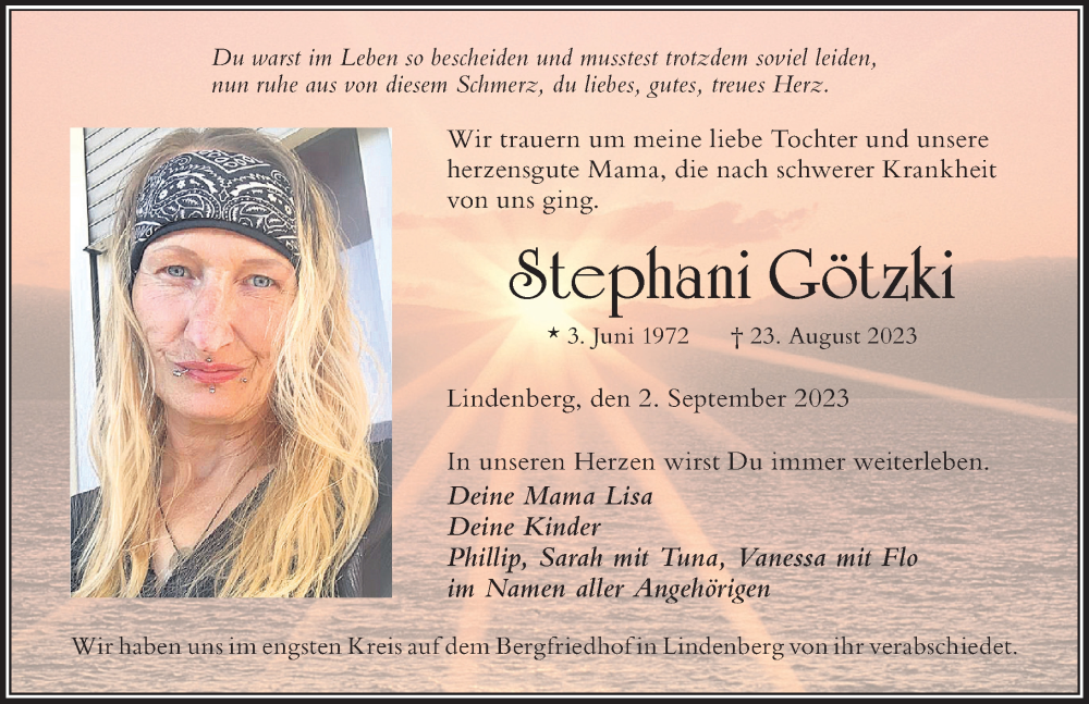  Traueranzeige für Stephani Götzki vom 02.09.2023 aus Der Westallgäuer