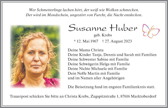 Traueranzeige von Susanne Huber von Allgäuer Zeitung, Marktoberdorf