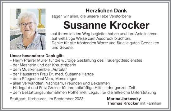 Traueranzeige von Susanne Krocker von Memminger Zeitung