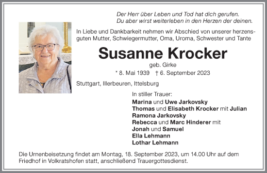 Traueranzeige von Susanne Krocker von Memminger Zeitung