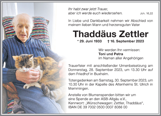 Traueranzeige von Thaddäus Zettler von Memminger Zeitung